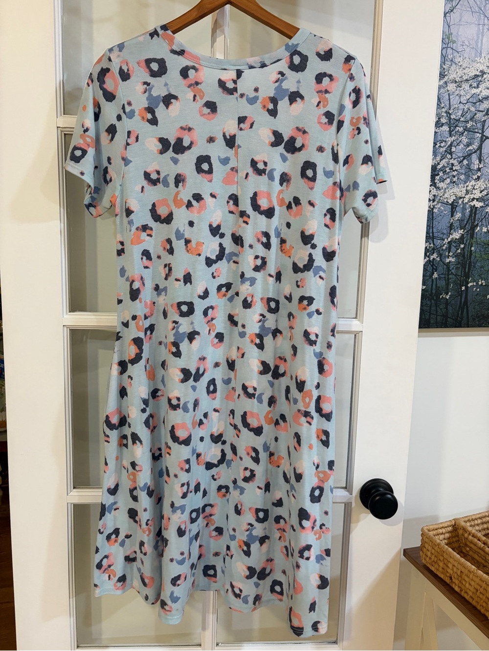 Light Blue Abstract Multicolor Leopard Print Babydoll Mini Dress Short Sleeve - Picture 3 of 3